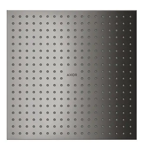 Kopfbrause mit quadratischem Design, ausgestattet mit gleichmäßig verteilten Düsen. Logo der Marke AXOR zentral platziert. Oberfläche in poliertem Schwarzchrom.